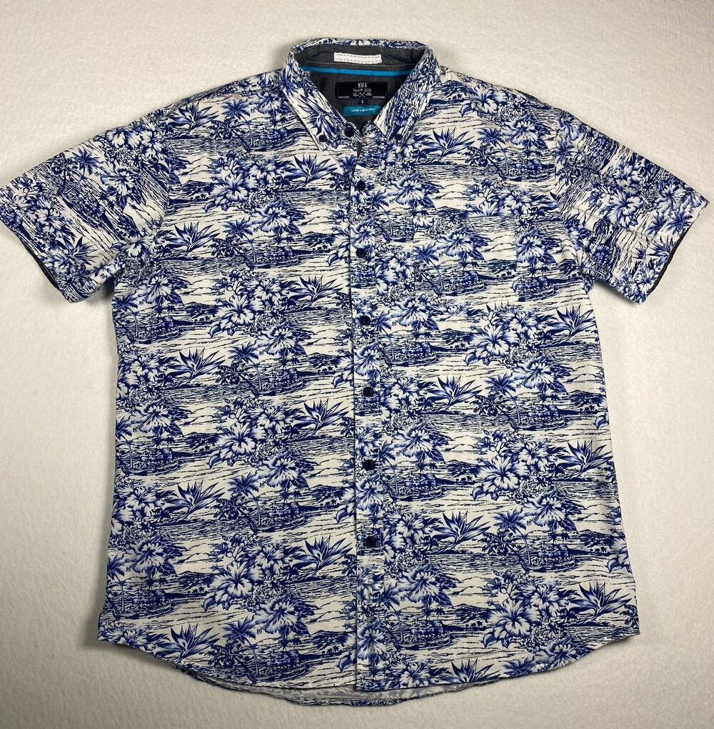 MBX Premium Goods Men's Large Blue White Tropical Hawaiian Short Sleeve